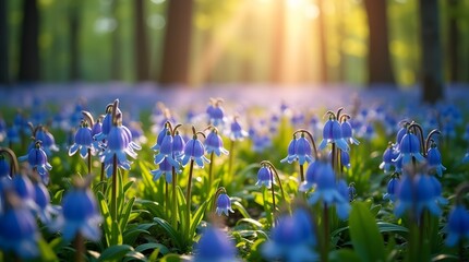 Sunbeams shine through the trees onto a magical carpet of bluebell flowers in a spring woodland. A beautiful and enchanting forest scene.