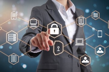 Woman Activating Virtual Data Security Controls, Digital Protection Concept