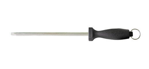 A sharpening steel or honing steel with black handle isolated on white background with clipping path