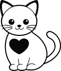 Adorable Cartoon Cat with Heart: Black and White Line Art Illustration, Cute Pet Graphic