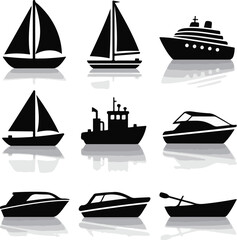 Vector art of assortment of boat and ship silhouettes on a white background