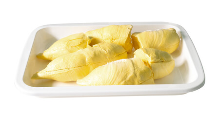 Yellow pulp of ripe durian fruit without peel in white tray isolated with clipping path in png file...