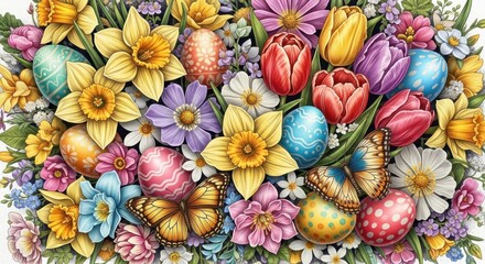 Vibrant Easter Flower Display with Decorated Eggs and Butterflies