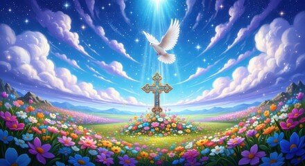 A Radiant Cross Amidst a Field of Flowers Under a Heavenly Sky with a Dove