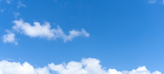 Low angle view and full frame of beautiful blue sky with strange shape of fluffy white clouds in...