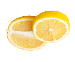 Front view of ripe yellow lemon fruit in  ellipse half and circle slice in stack isolated with...