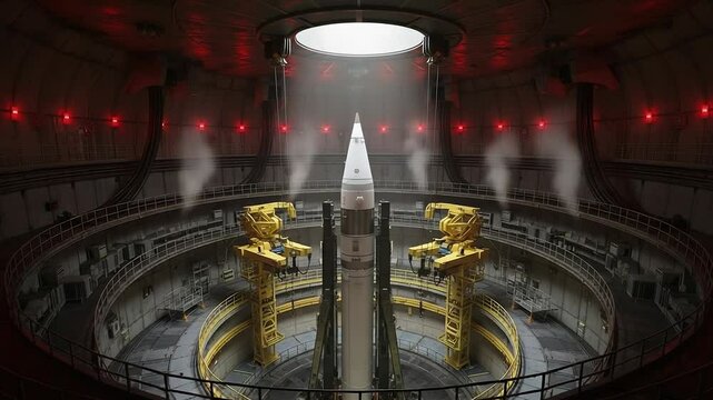 Ballistic Missile Standing Ready in an Underground Silo with Flashing Red Warning Lights