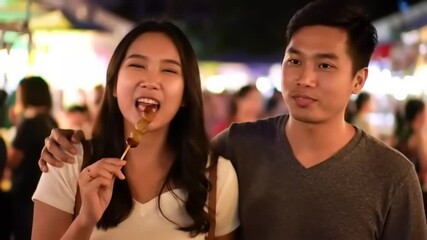 Young couple enjoying a night market, sharing smiles and food, surrounded by vibrant stalls and lights - Powered by Adobe