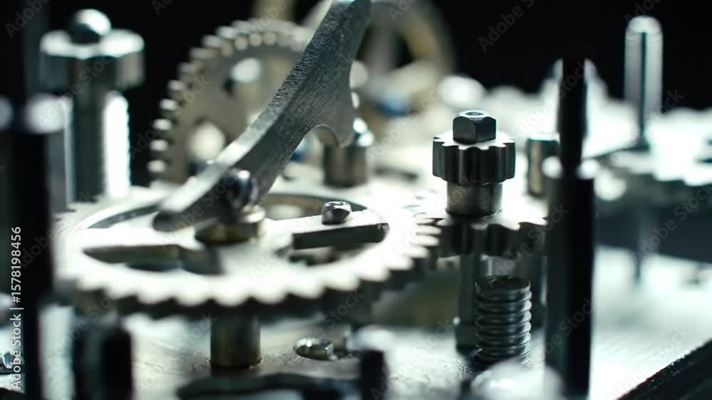 Poster close up of intricate silver clockwork gears and cogs mechanism on dark background revealing precisi