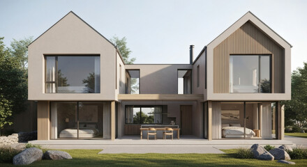 Modern Beige and Wood TwoStory House with Large Windows and Open Floor Plan.