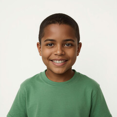 Happy Smiling Boy in Green T-Shirt on White Background
