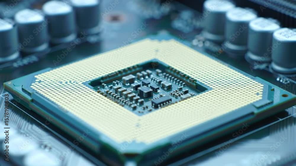 Poster detailed close up of computer cpu socket on motherboard technology highlighting intricate circuits a