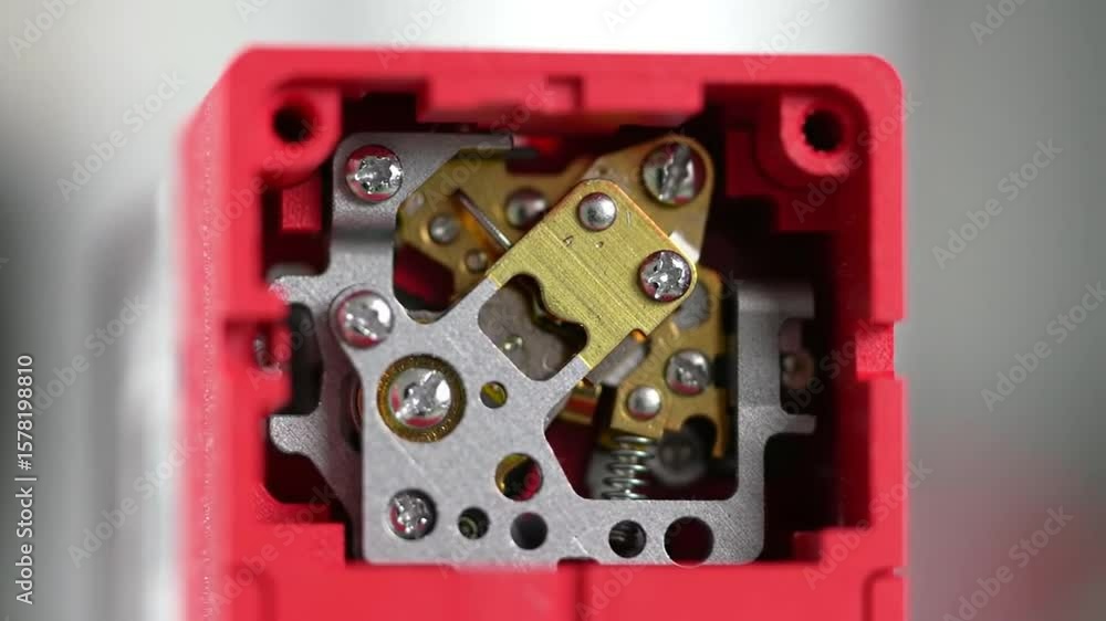Poster detailed macro shot inside a red box reveals a complex metal mechanism with intricate gears and prec