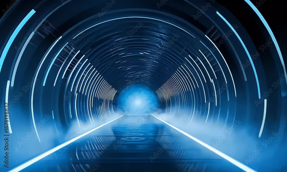 Poster a dark, futuristic tunnel with blue neon lights and a misty atmosphere, creating an immersive sci-fi