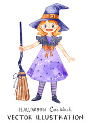 Halloween Character of Cute Witch with Broom. Watercolor vector illustration suitable for Halloween theme project, cards, banner, and invitation.