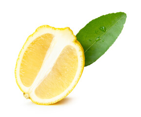 Front view of ripe yellow lemon fruit in slice and ellipse or oval half with one green leaf...