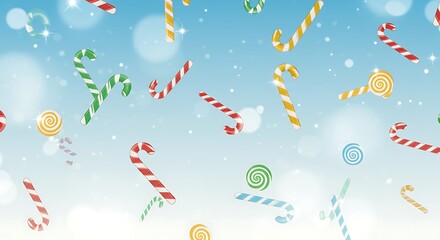 Bright multicolored candy canes appear to float and spin downward gently in a seamless festive winter background with soft gradient hues