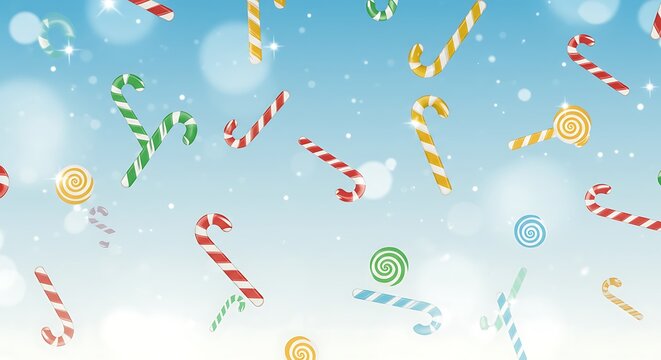 Bright multicolored candy canes appear to float and spin downward gently in a seamless festive winter background with soft gradient hues