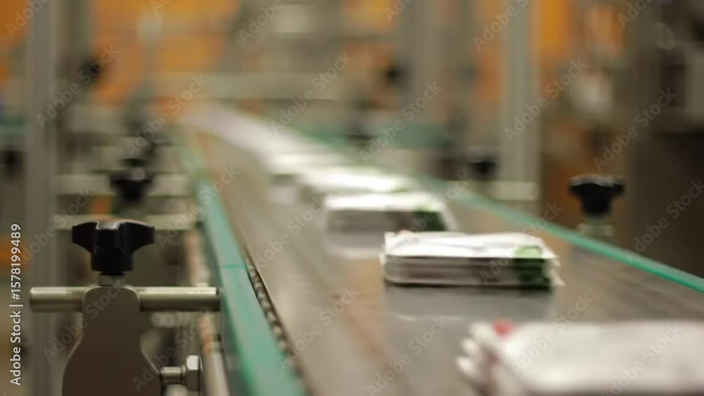 Poster Packages Moving along Automated Conveyor Belt System in Factory with Blurred Orange Background and Focus on Assembly