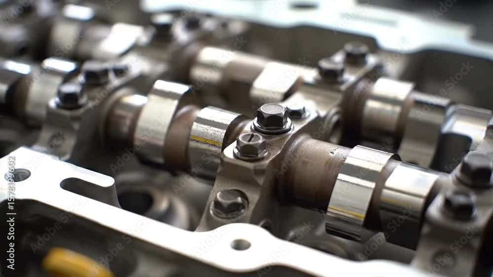 Poster silver engine block with metal bolts and circular components in automotive context