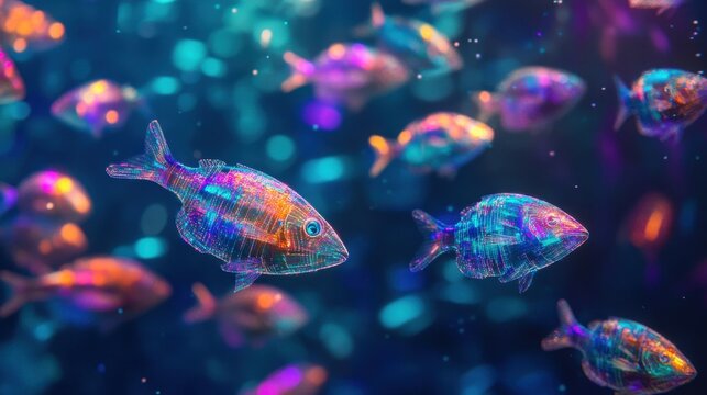 floating data fish swimming through virtual ocean depths