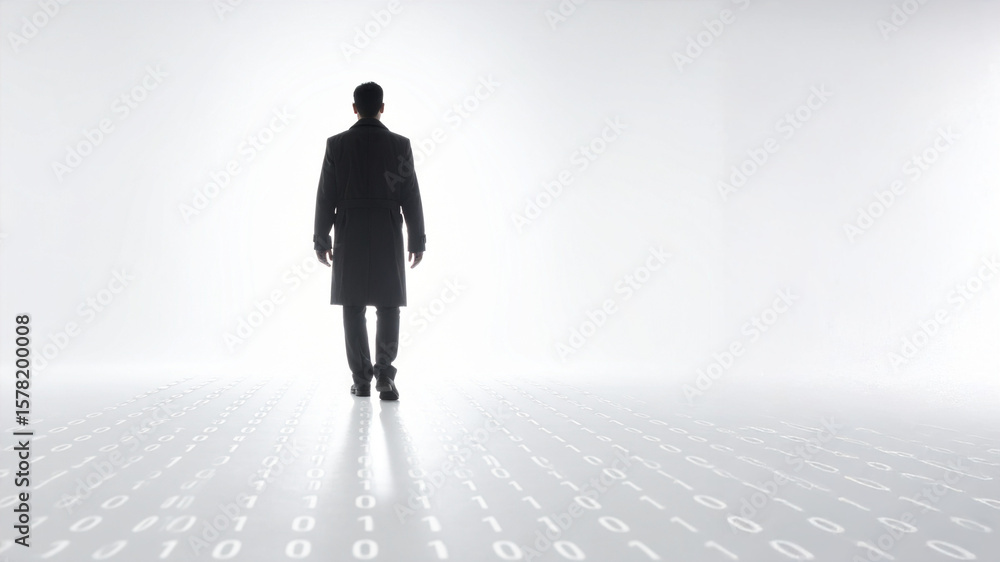 Poster a man in a black trench coat is viewed from behind, walking away into a bright, white background wit