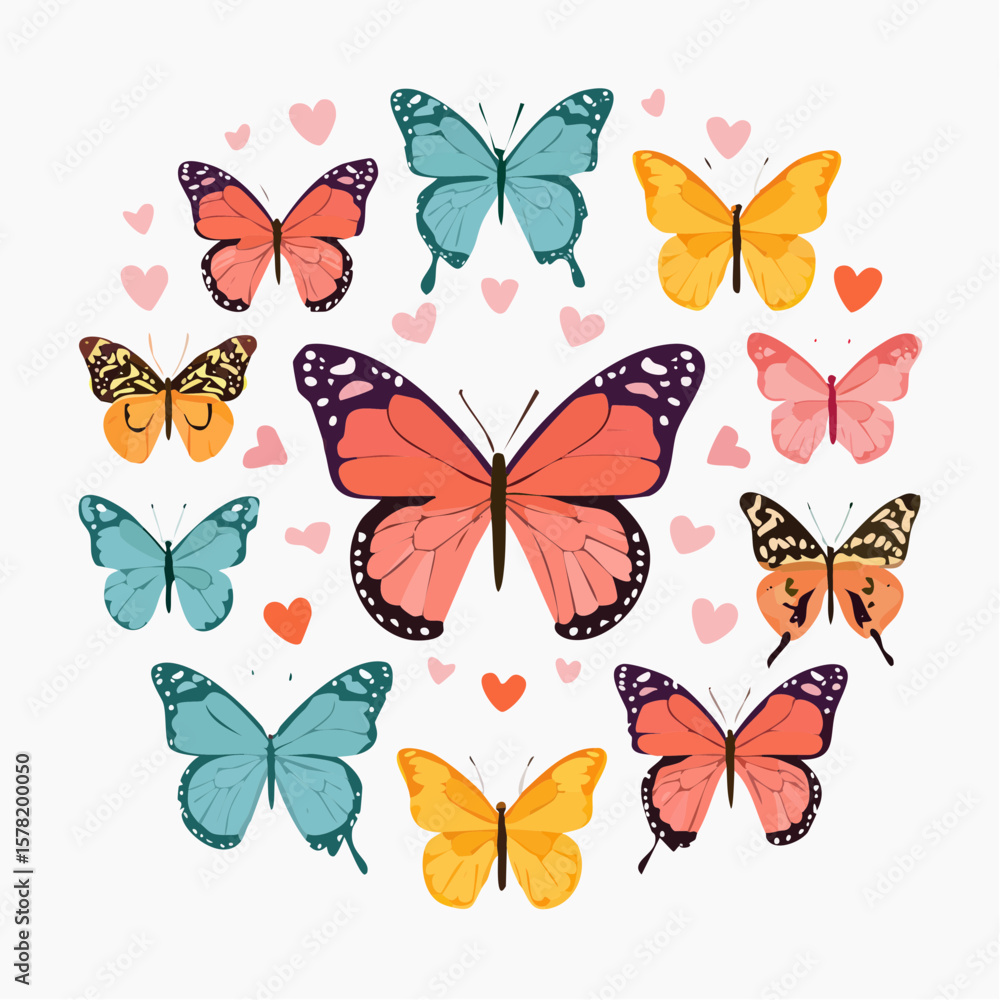 Poster a colorful illustration featuring a collection of butterflies and hearts arranged in a circular patt