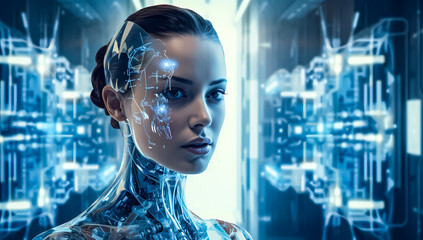 Fototapeta premium Futuristic female cyborg with transparent robotic parts and glowing circuits in a high-tech lab. Concept of artificial intelligence, transhumanism, and future technology