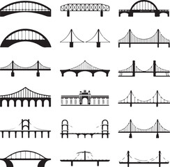 Obraz premium Suspension Bridge Silhouette Vector IllustrationUrban Bridge Icon Design for Architecture or Travel ThemesSilhouette of a City Bridge Isolated on WhiteVector Bridge Silhouette for Skyline or Tra