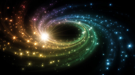 Bright spiral rainbow colored light effect with star flare and glowing sparkles on a black background