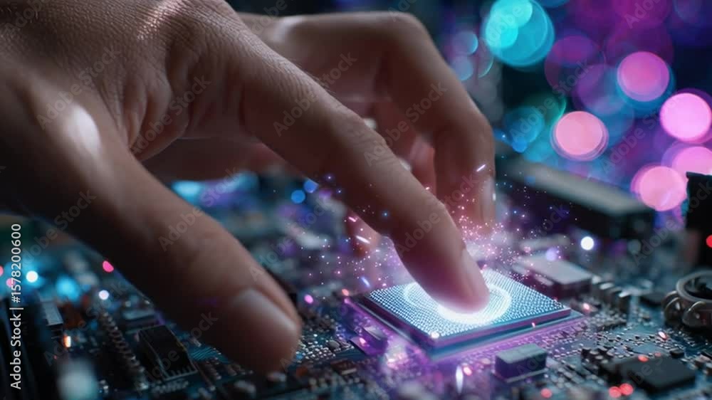 Poster technological touch: a close-up view of a hand interacting with a futuristic circuit board, symboliz