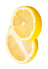 Front view of ripe yellow lemon fruit in  ellipse half and circle slice in stack isolated with...
