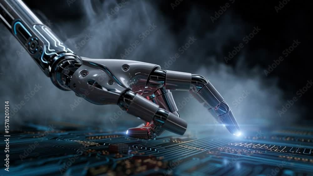 Poster technological precision: a futuristic robotic hand with metallic sheen interacts with a glowing circ