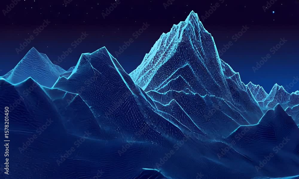 Poster abstract digital blue background with dots and lines in the form of an illuminated mountain landscap