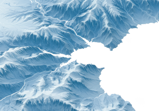 Detailed topographic map of blue mountains and rivers isolated on transparent background
