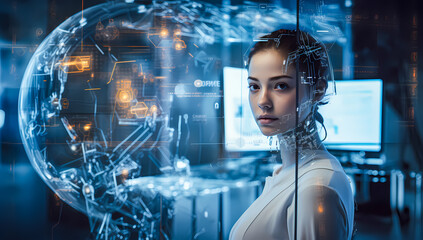 Futuristic female cyborg with transparent robotic parts and glowing circuits in a high-tech lab. Concept of artificial intelligence, transhumanism, and future technology