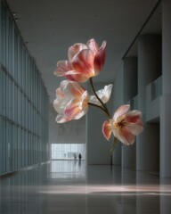 Elegantly Suspended Tulip Sculpture in Minimalist Architecture, Floating Floral Art Creating Surreal Ambiance