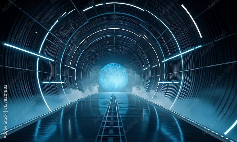 Poster a dark, futuristic tunnel with blue neon lights and a misty atmosphere, creating an immersive sci-fi