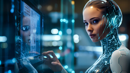 Futuristic female cyborg portrait with intricate cybernetic details and glowing elements. AI, robotics, and advanced technology concept for a sci-fi vision. Cyborg 4K Wallpaper backgrounds	