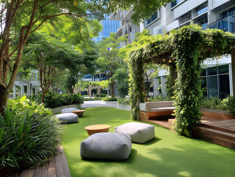 Tranquil outdoor lawn area inside an office complex, surrounded by lush greenery and comfortable seating for relaxation.