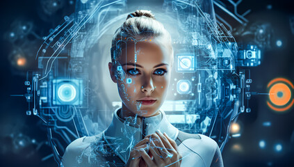 Futuristic female cyborg portrait with intricate cybernetic details and glowing elements. AI, robotics, and advanced technology concept for a sci-fi vision. Cyborg 4K Wallpaper backgrounds	
