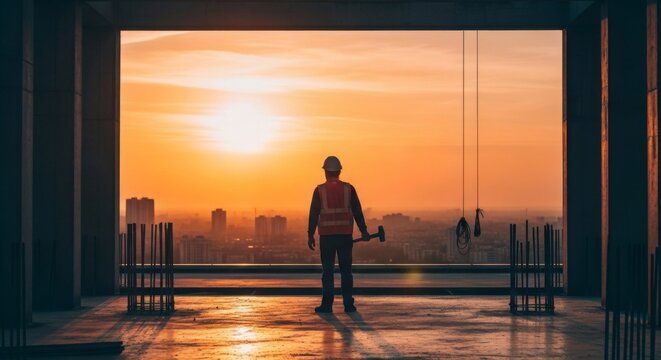 Worker silhouette against cityscape at sunrise