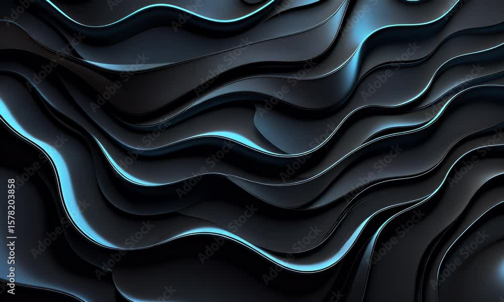 Poster abstract blue waves in the dark, with smooth curves and fluid shapes creating an elegant composition
