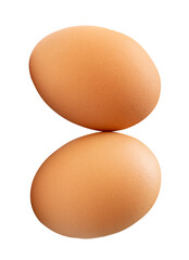 Side view of two fresh brown chicken eggs in stack isolated  with clipping path in png file format