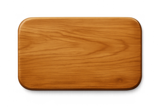 Rectangular wooden cutting board, light brown, featuring smoothed edges, positioned for culinary serving and styling