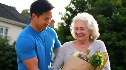 Young man joyfully presenting a grocery bag to an elderly woman in a sunny garden setting