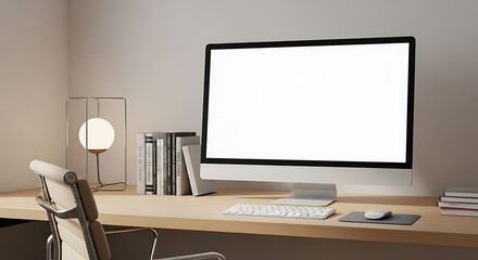 A sleek allinone desktop computer with a large blank white screen is set up on a wooden desk in a welllit office space, featuring a keyboard, mouse, books, and a stylish lamp