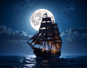 Majestic ship at night under full moon