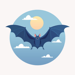 Cheerful Cartoon Bat Soaring Through the Sky with Clouds and Sun