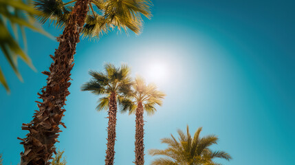 Low-angle view of Los Angeles palm trees with golden sunlight, evoking warm tropical vibes.